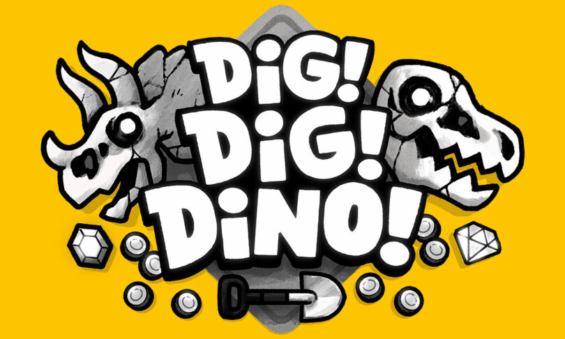 Illustration of dinosaur skulls, gems, and a shovel with the bold text "DIG! DIG! DINO!" on a yellow background—perfect for your next Playdate adventure.