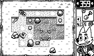 A black-and-white pixel art game screen on Playdate shows a fox character in a suit, a shovel icon, and a map with rocks, coins, and a river. The top right displays the number 359.