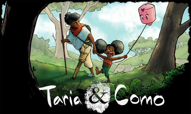 An adult and a child enjoy a playdate as they walk through a grassy forest; the child holds a balloon with a face and heart, and the words "Taria & Como" appear below.