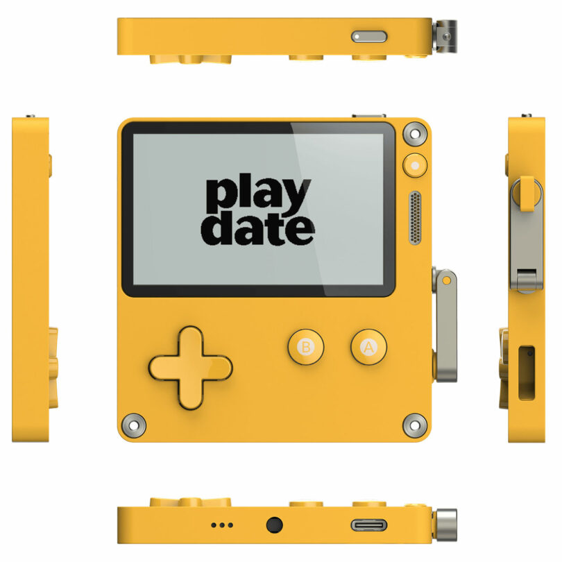 A yellow handheld gaming device with a crank on the side, labeled "playdate" on the screen, shown from multiple angles.