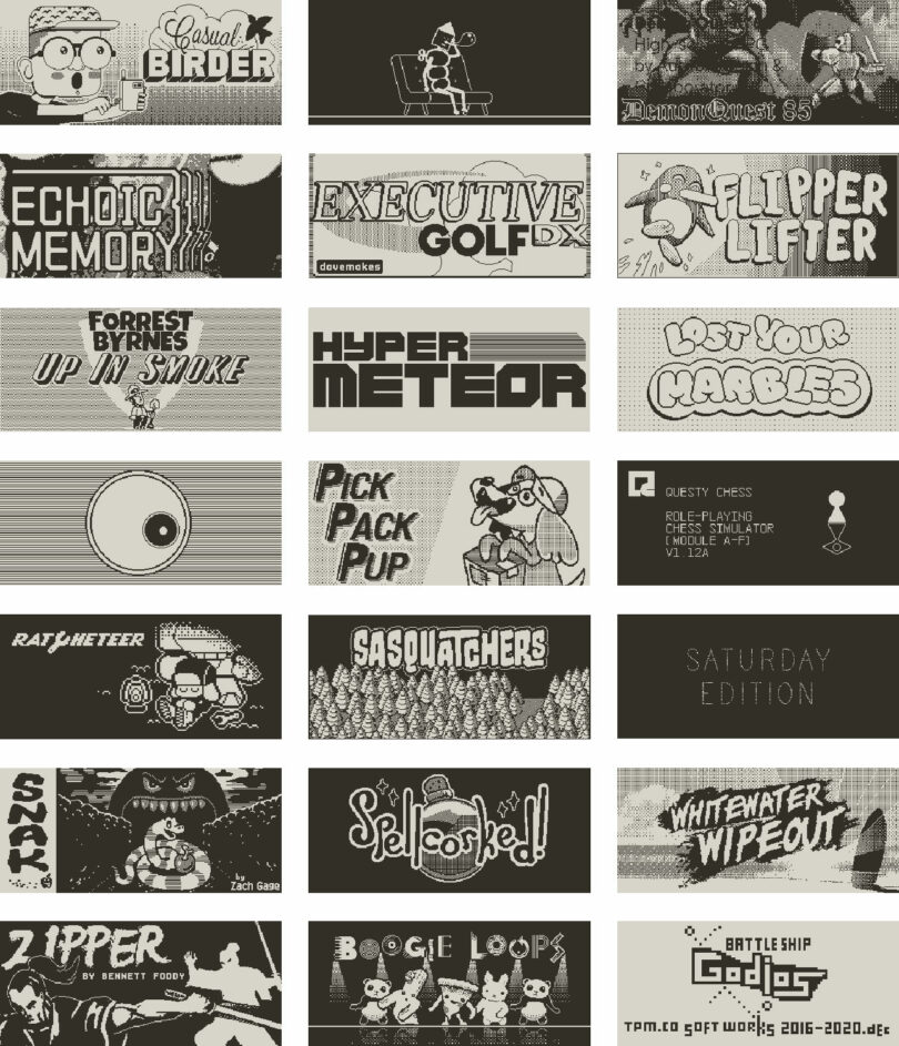 A grid of retro-style game title screens, each featuring distinct names and graphics, arranged in five rows and four columns.
