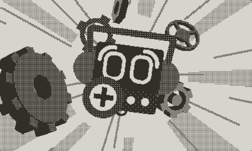 Black and white pixel art of a robot face with gears, a plus sign, and lines radiating outward, suggesting motion or energy.