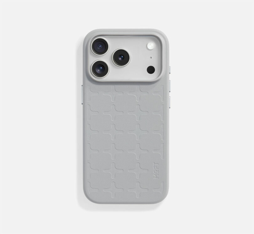 A gray smartphone case with a textured cross pattern and cutouts for three camera lenses and a flash, shown on a white background.
