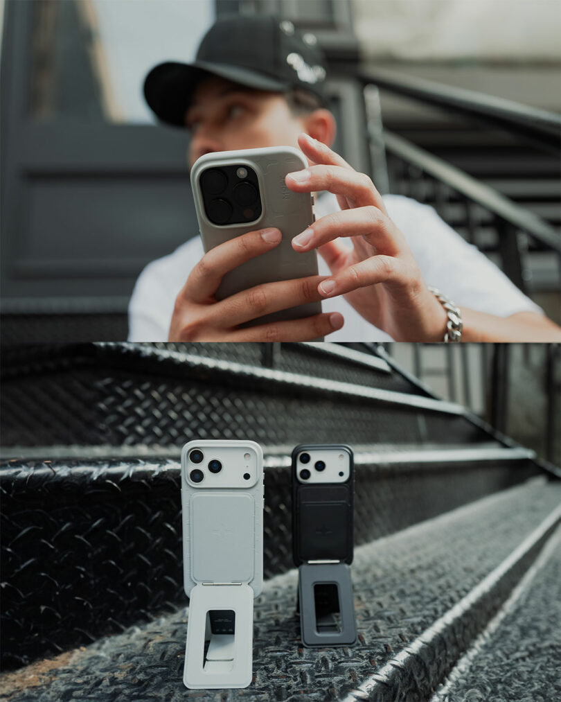 A person holds a smartphone case on outdoor stairs; two phone cases, one white and one black, are displayed upright on the steps below.