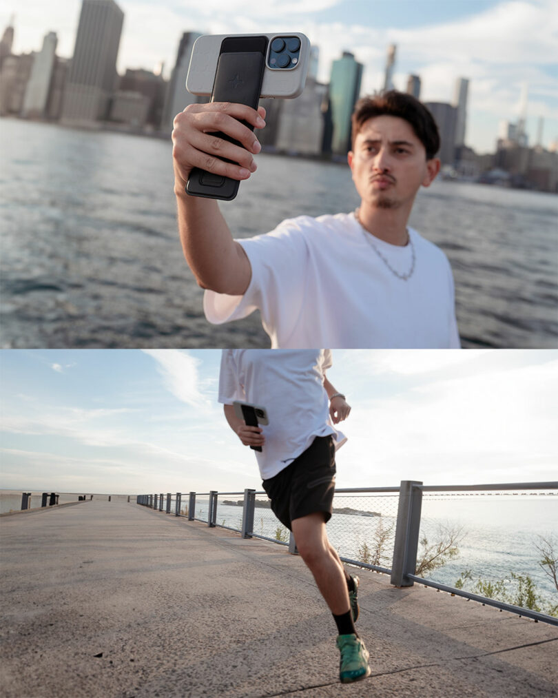 A man holds a smartphone while standing by the water with city buildings in the background, then runs along a waterfront path, holding the phone in his hand.