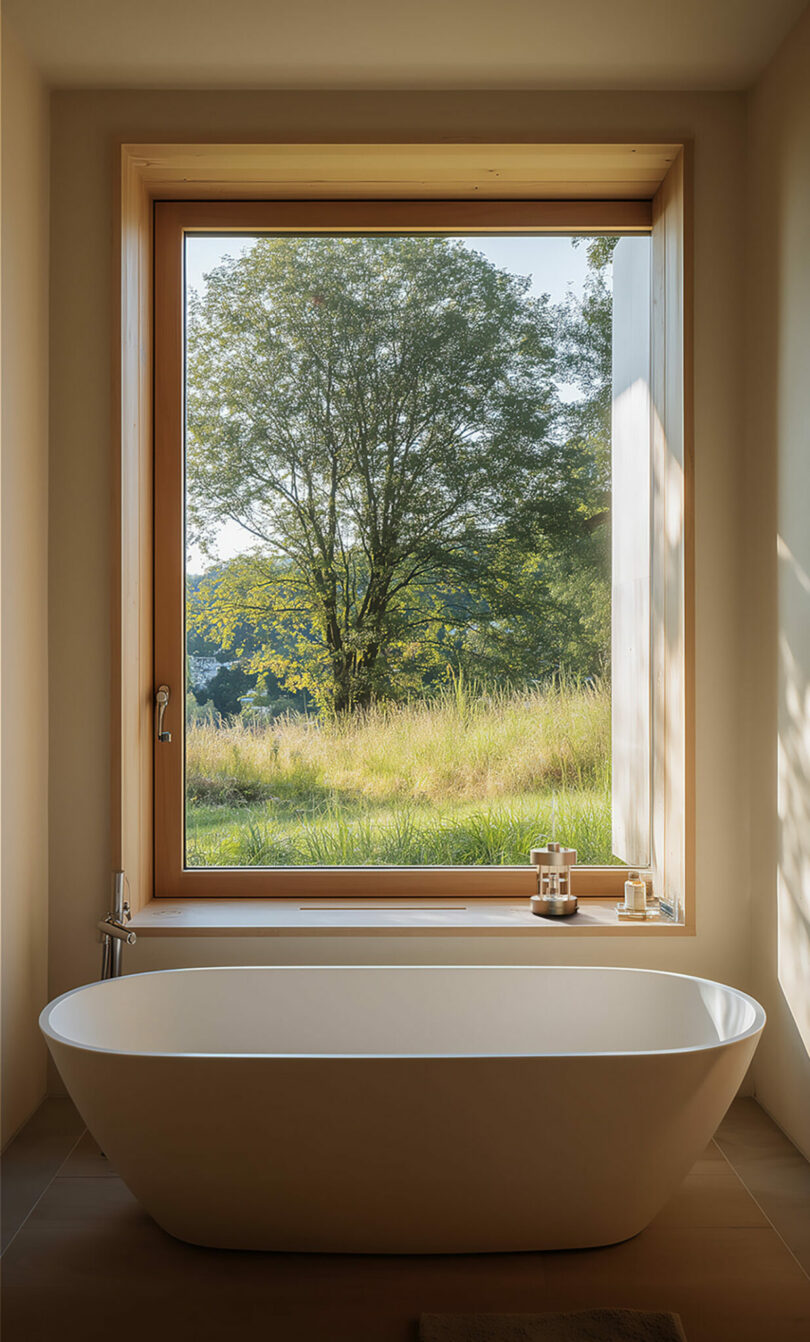 A modern white bathtub sits beneath a large window with views of green grass and a tree outside; an aroma diffuser and toiletries are placed on the windowsill.