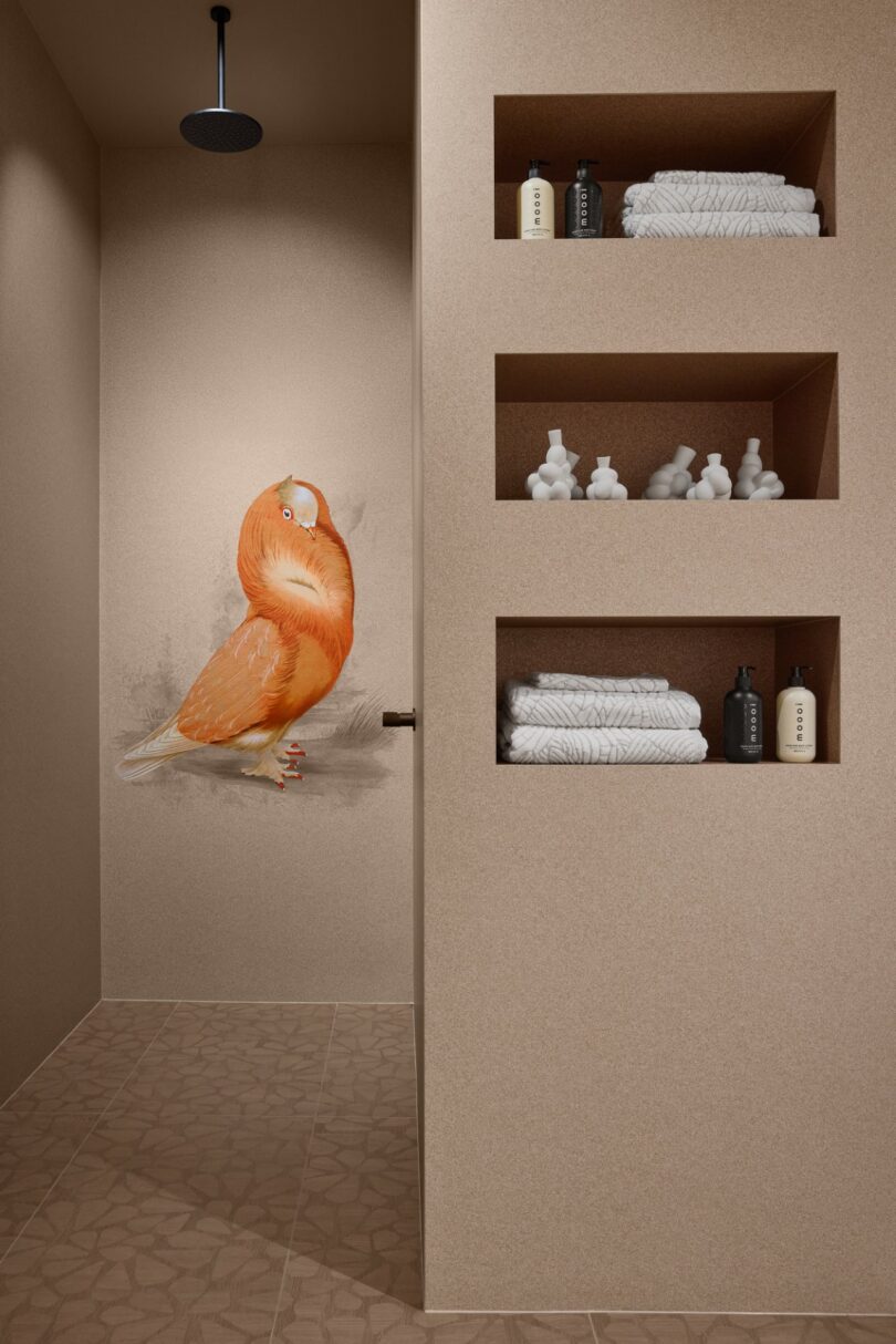Cabina de ducha minimalista con paredes y pisos de color beige, estantes incorporados para toallas y botellas y un mural gigante de un pájaro naranja en una pared.