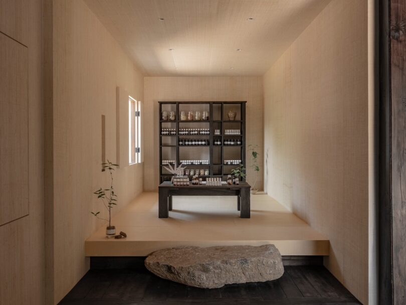 Una habitación sencilla con paredes de color beige claro, una mesa de madera y estantes con botellas y tarros de leche desnatada cuidadosamente ordenados, una escalera de piedra en la entrada y una pequeña maceta a la izquierda.