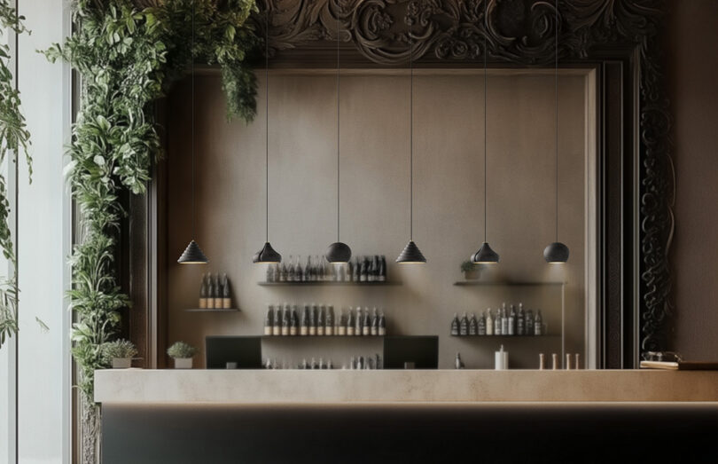 El moderno bar cuenta con mostradores de mármol, candelabros, botelleros y plantas verdes que trepan por las paredes y los marcos.