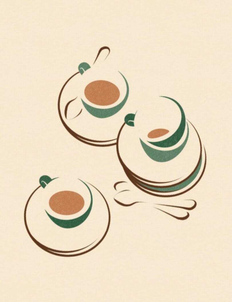 Ilustración minimalista de tres tazas de té con platillos y cucharas, cada una llena de líquido marrón, sobre fondo beige claro