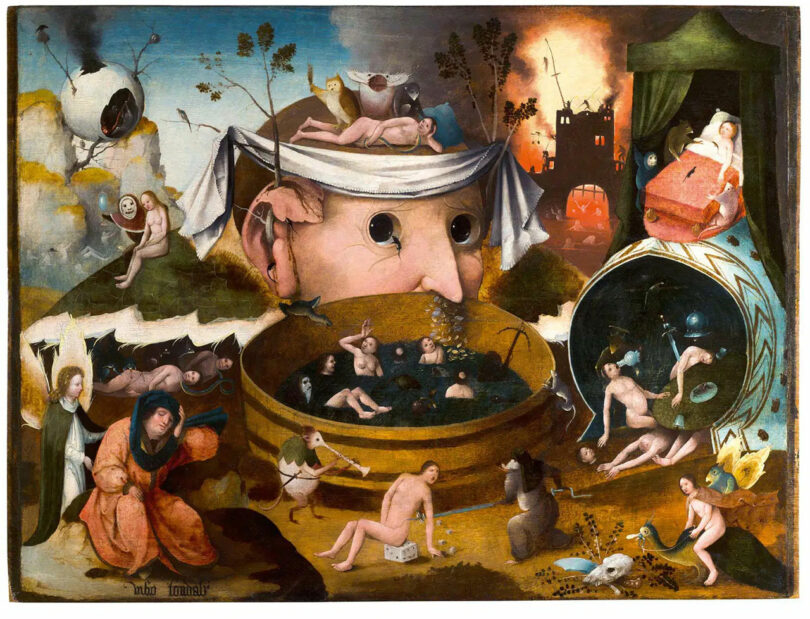 La pintura medieval surrealista de Maye Ruiz representa una cabeza humana gigante con figuras dentro y alrededor de ella, realizando diversas actividades en un paisaje caótico de tiendas de campaña, agua, fuego y criaturas inusuales.