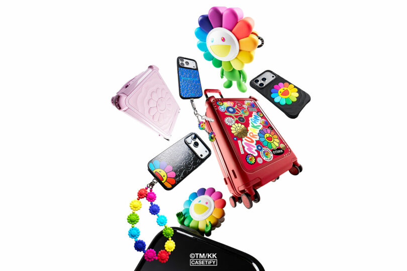 Una gama de coloridas fundas para teléfonos, incluido el diseño FLOWERS BLOOM Murakami de CASETiFY, una maleta roja, un bolso transparente rosa y accesorios con temas florales exhibidos sobre un fondo blanco.