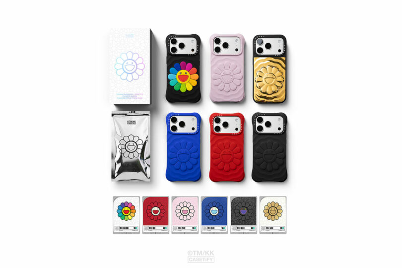 Se exhiben seis coloridas fundas para iPhone, inspiradas en los vibrantes diseños florales de Takashi Murakami, junto con el empaque CASETiFY y los accesorios de tarjetas a juego, alineados en una fila sobre un fondo blanco. Cada detalle de esta alegre colección florece.