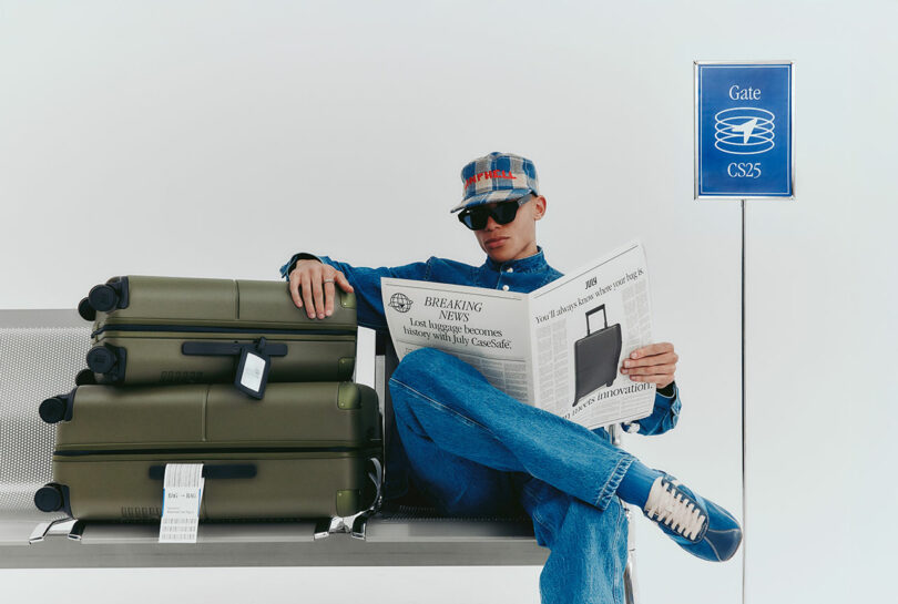 Un hombre con vaqueros y gafas de sol se sienta en un banco del aeropuerto leyendo un periódico, junto a dos maletas verdes y un "Puerta de embarque CS25" Inicie sesión en segundo plano.