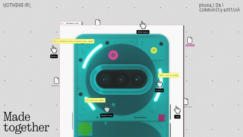 Gráfico digital que muestra un teléfono inteligente turquesa con tres cámaras rodeado por un ícono de cursor y una etiqueta de texto con documentos dispersos sobre un fondo gris. lectura de texto "Hecho juntos.