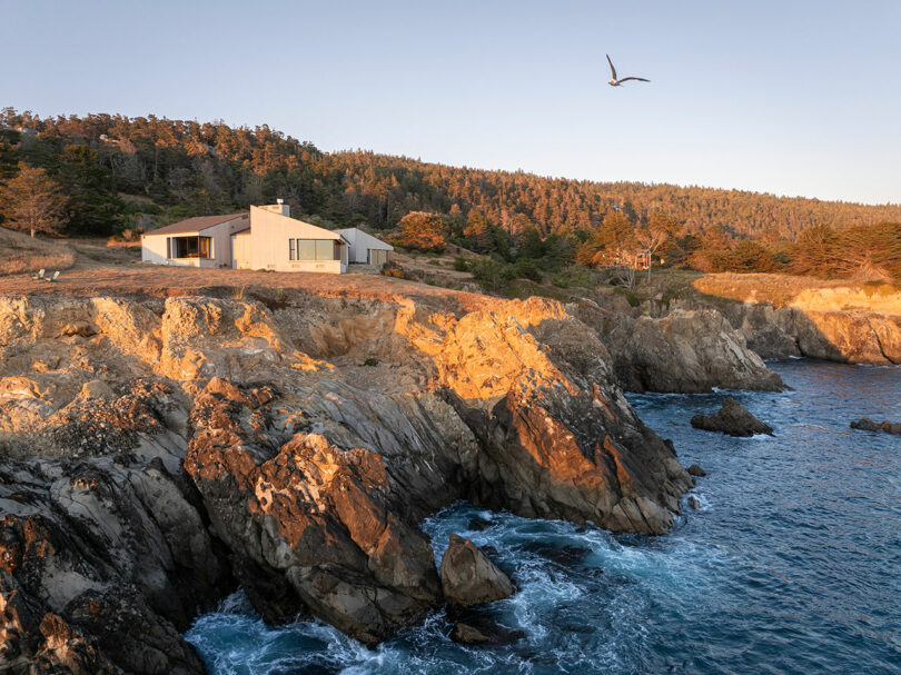 Una casa moderna se asienta sobre un acantilado rocoso con vistas al mar, rodeada de árboles y con un pájaro volando bajo un cielo despejado.