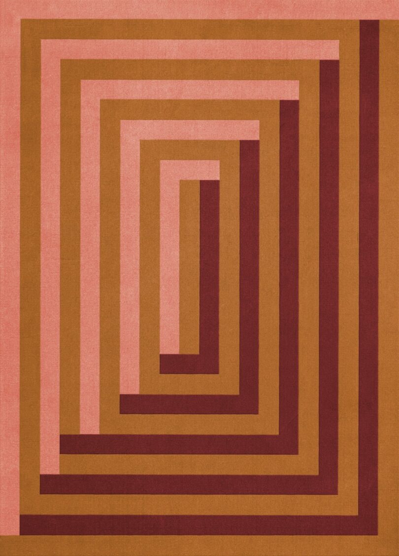 La obra de arte abstracta geométrica presenta rectángulos concéntricos en tonos de rosa, rojo y marrón, creando un efecto de túnel.