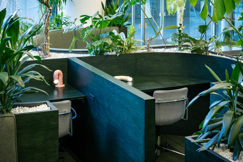 Espacio de oficina moderno con escritorio de madera oscura, sillas grises y plantas verdes para delimitar las áreas de trabajo; Lámpara de mesa con forma de gusano colocada sobre la mesa.