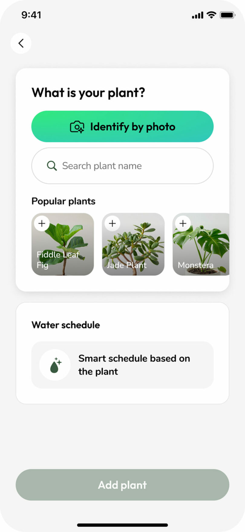 La pantalla de la aplicación Plant Identification muestra opciones para identificar plantas por foto, buscar por nombre, ver plantas populares y establecer un programa de riego.
