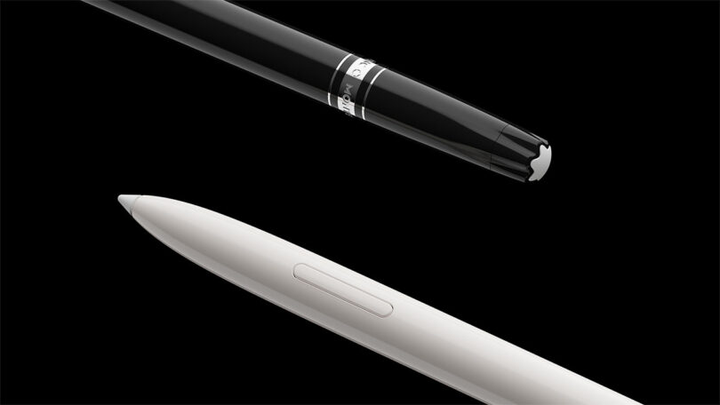 A black fountain pen and a white stylus pen, designed with Fuseproject’s signature elegance, are positioned diagonally on a black background.