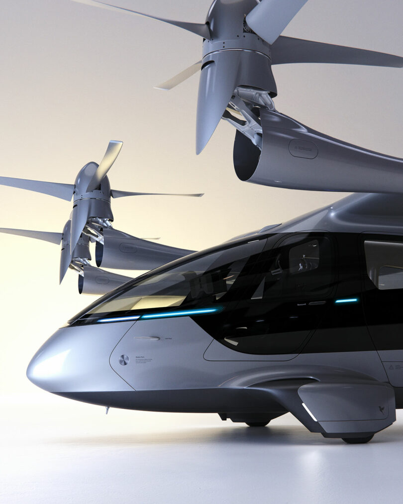 El futuro avión eléctrico de despegue y aterrizaje vertical (eVTOL) que se exhibe presenta rotores grandes y un elegante diseño aerodinámico.