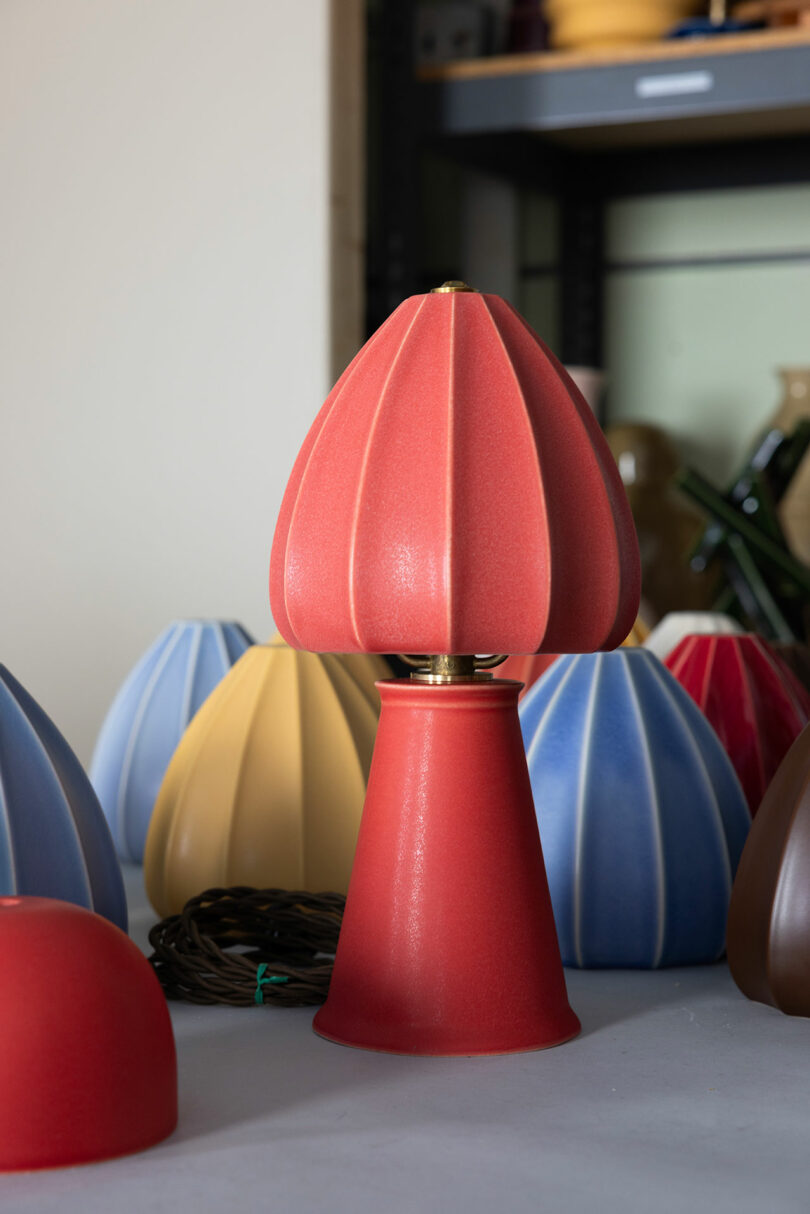 Sobre la mesa hay una lámpara roja con forma de hongo y una superficie texturizada, rodeada de lámparas similares en diferentes colores. Al fondo se pueden ver estantes llenos de diversos artículos.