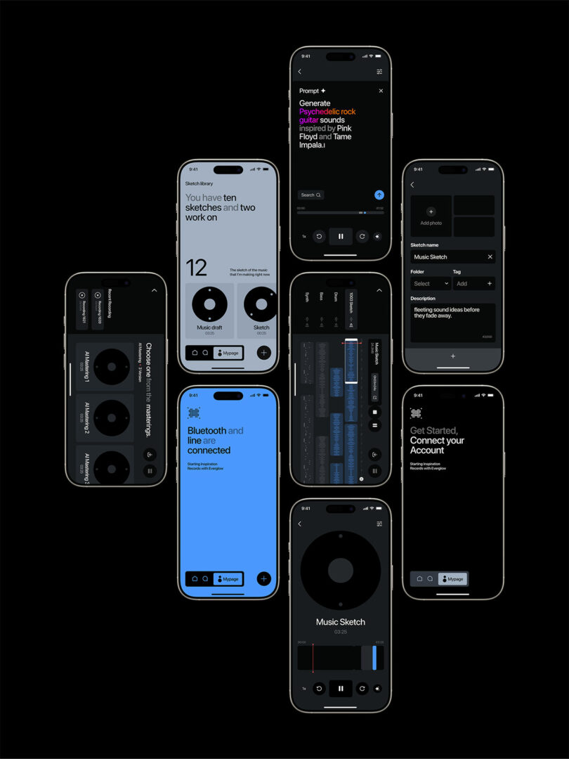 Nine smartphones display various screens of a music creation app, featuring settings, prompts, sound controls, and account setup, all with a dark-themed user interface.