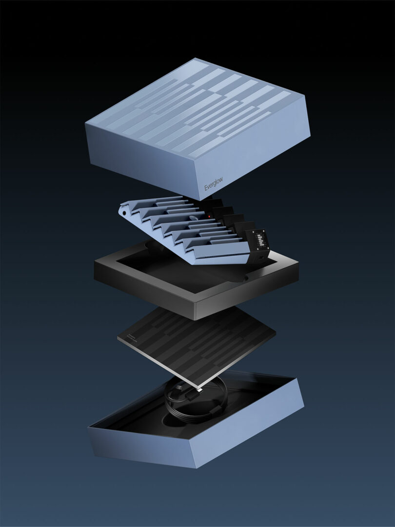 An exploded view of an electronic keyboard, showing separate layers including keys, internal components, and casing against a dark gradient background.