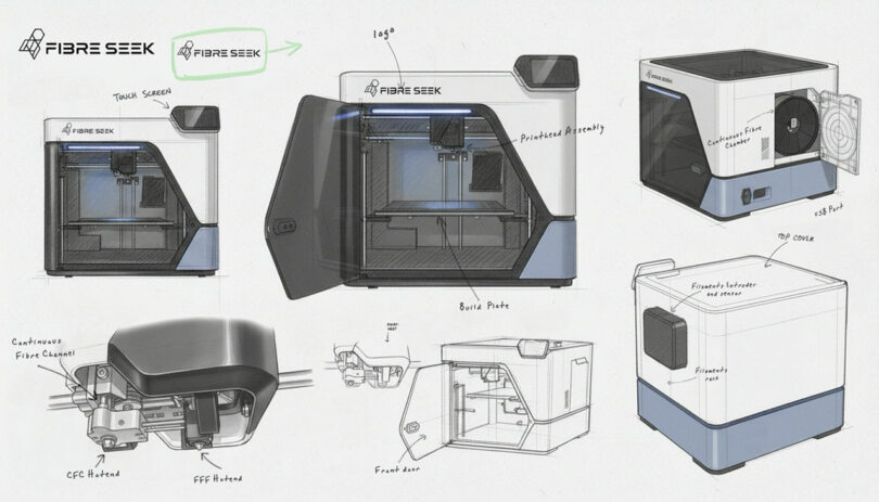Una serie de bocetos técnicos y representaciones muestran varios ángulos y componentes marcados de una impresora 3D llamada FibreSeeker.