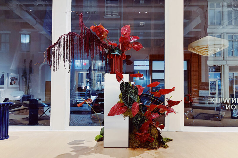 A modern floral arrangement with red and dark green leaves sits on a reflective pedestal in front of large windows, creating a serene spot to Take 5 in this inviting indoor space.