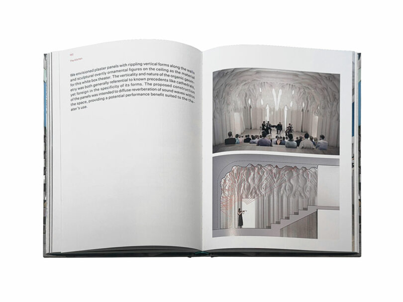 An open book displaying architectural renderings and text; the images show a Take 5 stage with intricate vertical designs and people observing the space.