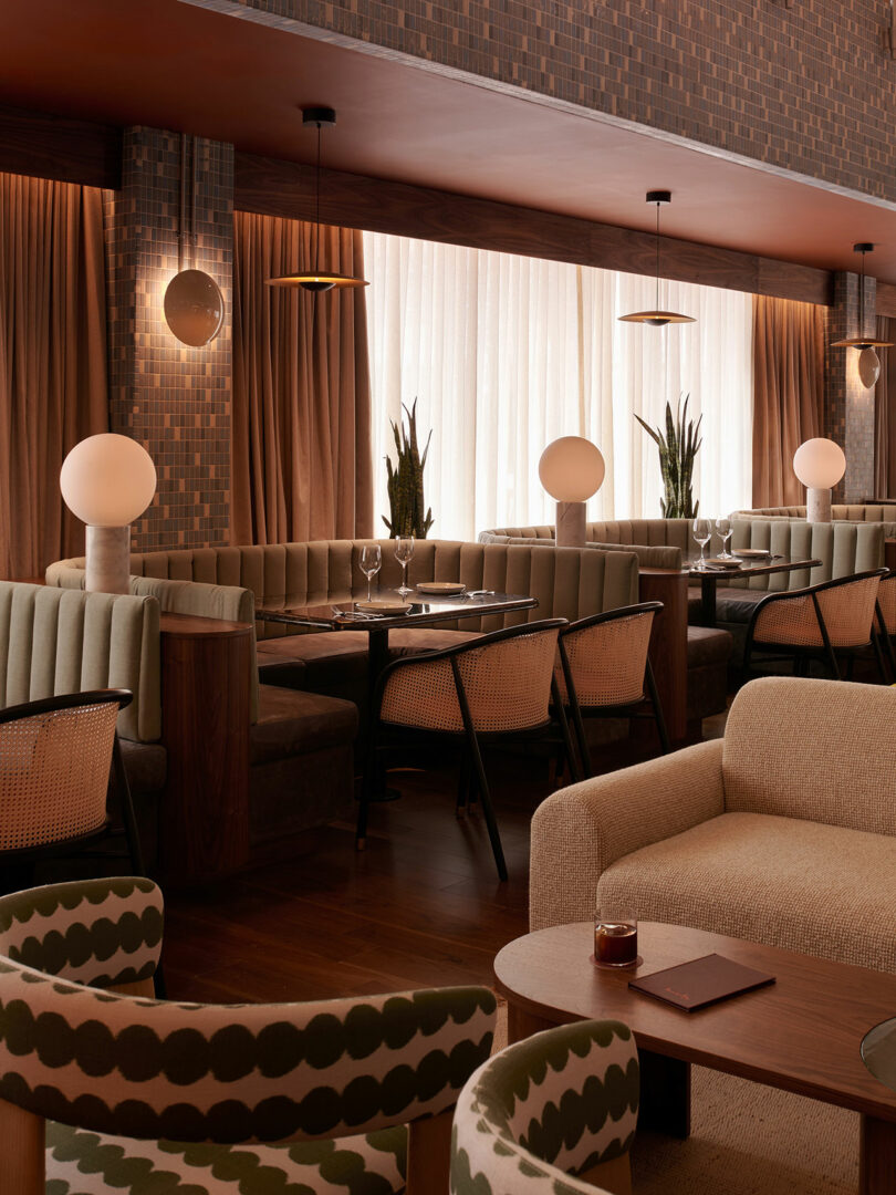 A modern restaurant interior at Municipal Grand with upholstered booths, cane chairs, round tables, globe table lamps, and potted plants, featuring warm lighting and floor-to-ceiling curtains.