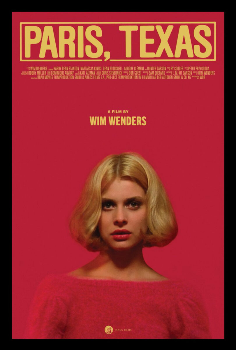 A woman with short blonde hair and red lipstick stands against a solid red background under the title "Paris, Texas," featured in this week's Friday Five film picks by Wim Wenders.