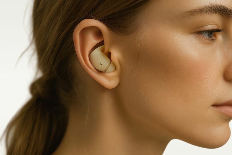 Close-up of a woman wearing a beige SleePods wireless earbud in her left ear, with her hair pulled back and her face in partial profile.