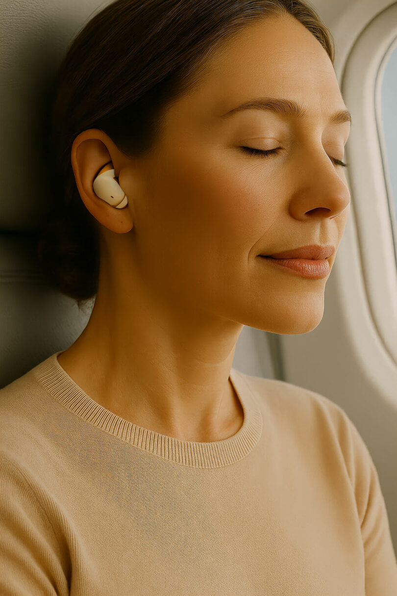 A woman with brown hair sits on an airplane seat, eyes closed, wearing wireless earbuds and a beige top, enjoying the comfort of her SleePods.