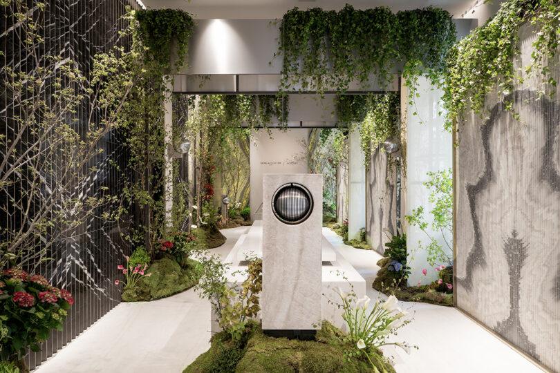 Modern interior hallway with marble flooring, lush green plants, moss, and flowers on the floor and walls, and a rectangular stone pedestal with a circular feature in the center.