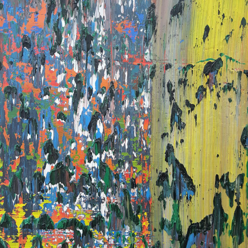 Close-up of an abstract painting by Barry Ginder with textured layers; left side features blue, orange, and white, while the right side is yellow with black and green streaks.