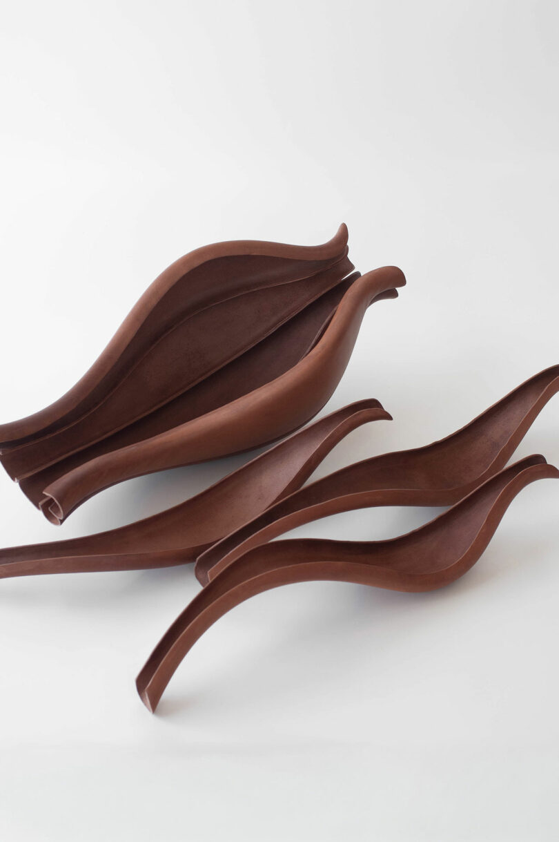 Four abstract, curved brown sculptural objects with smooth surfaces arranged on a plain white background.