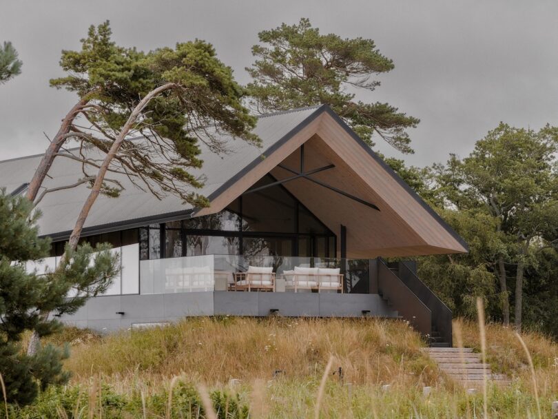 Modern house with large slanted roof, glass balcony, and outdoor seating, set among tall grass and trees under a cloudy sky.