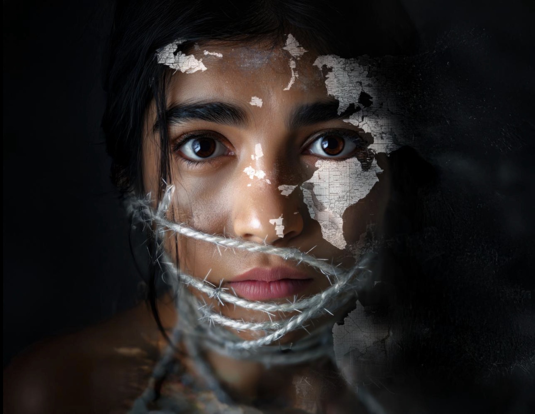 A young woman with a serious expression has barbed wire wrapped around her mouth and lower face, with a world map overlaid on her face against a dark background.