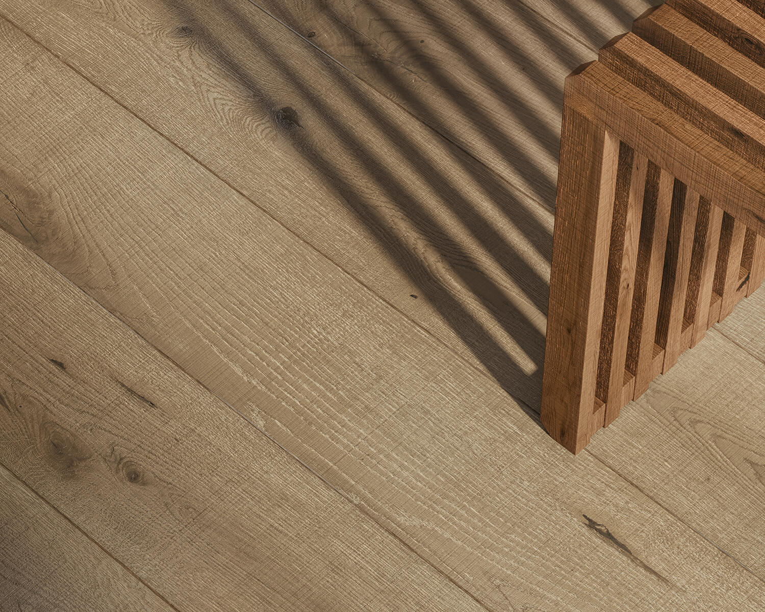 A wooden bench with vertical slats casts striped shadows on a light wood floor with visible grain and knots.