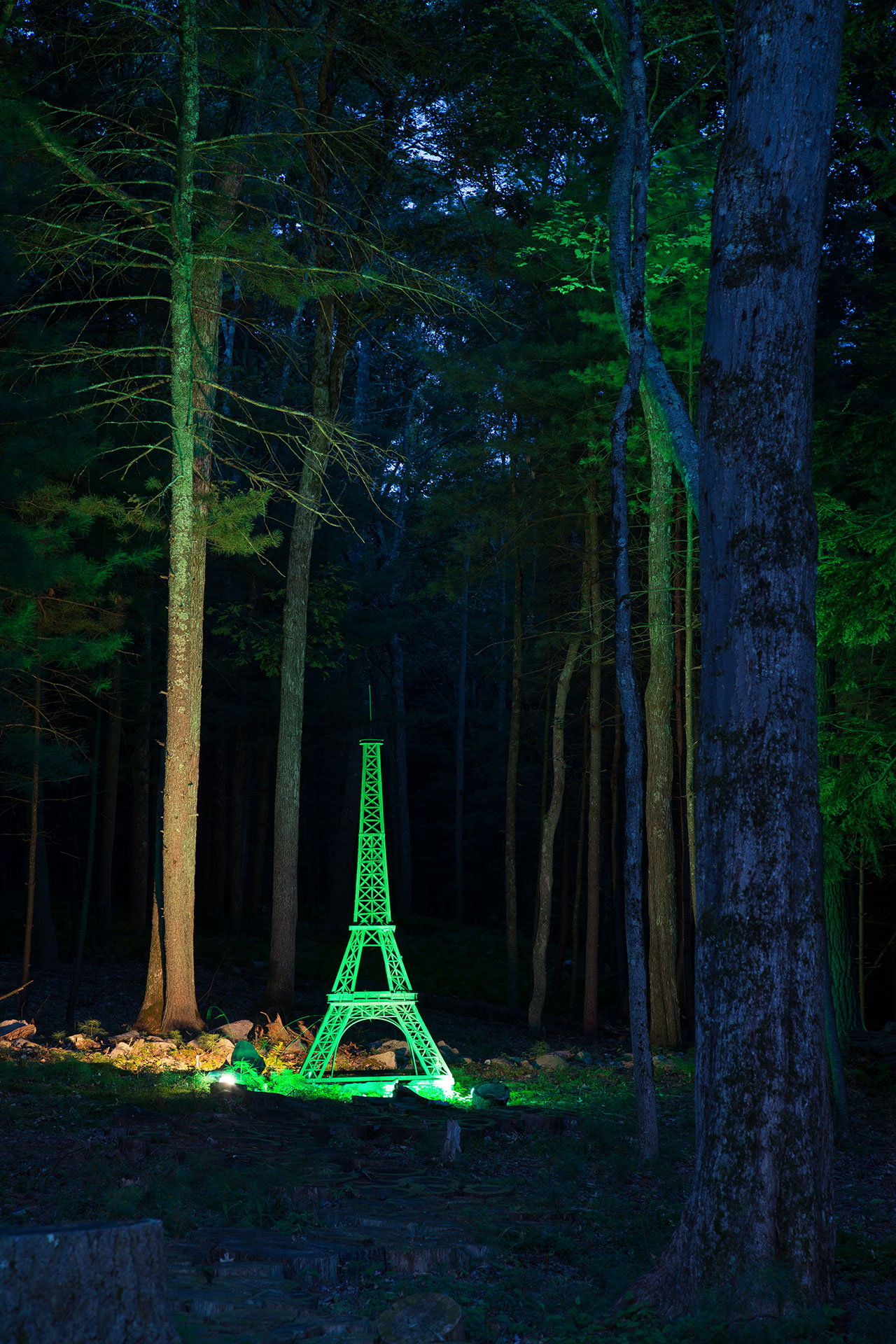 A small illuminated model of the Eiffel Tower glows green in a dark forest surrounded by tall trees at night.