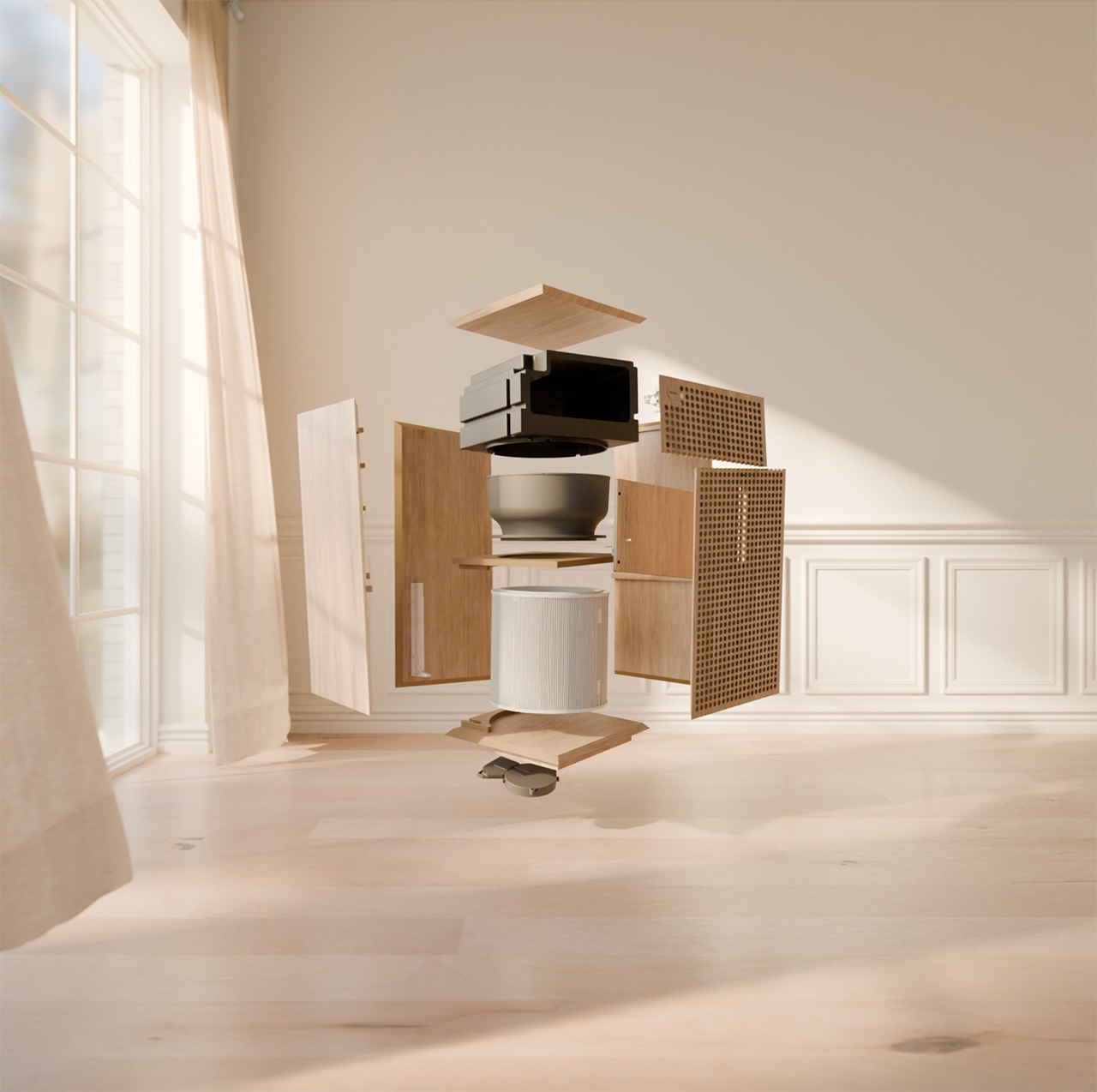 A wooden cabinet appears disassembled and floating in mid-air, with its panels, doors, and internal parts—like a playful Birdie—suspended in a bright, empty room.