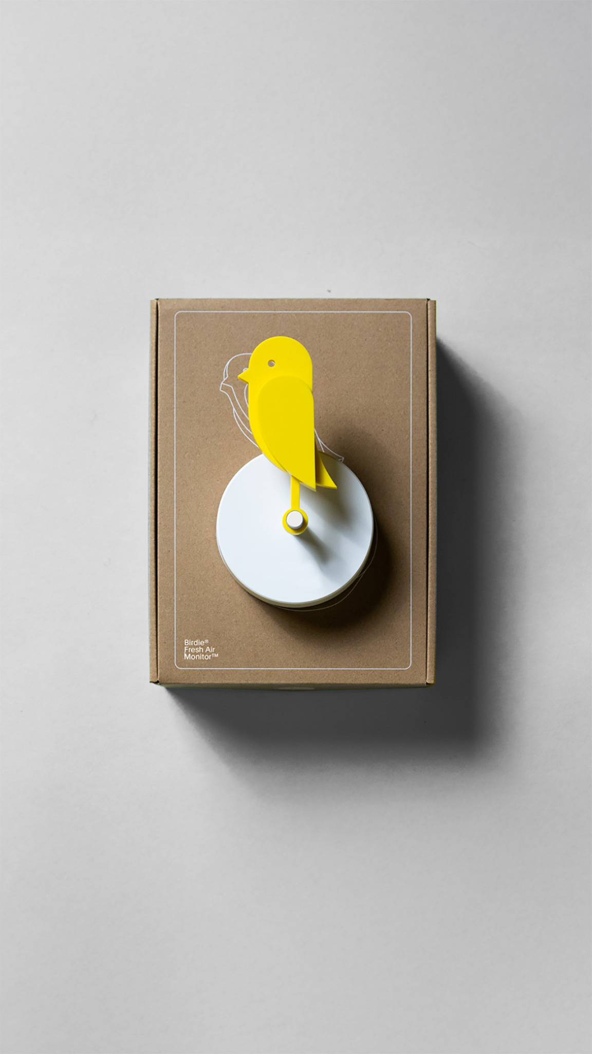 Un objeto amarillo con forma de pájaro se asienta sobre una base redonda blanca encima de una caja marrón con una ilustración de la silueta de un pájaro, fotografiada sobre un fondo gris claro.
