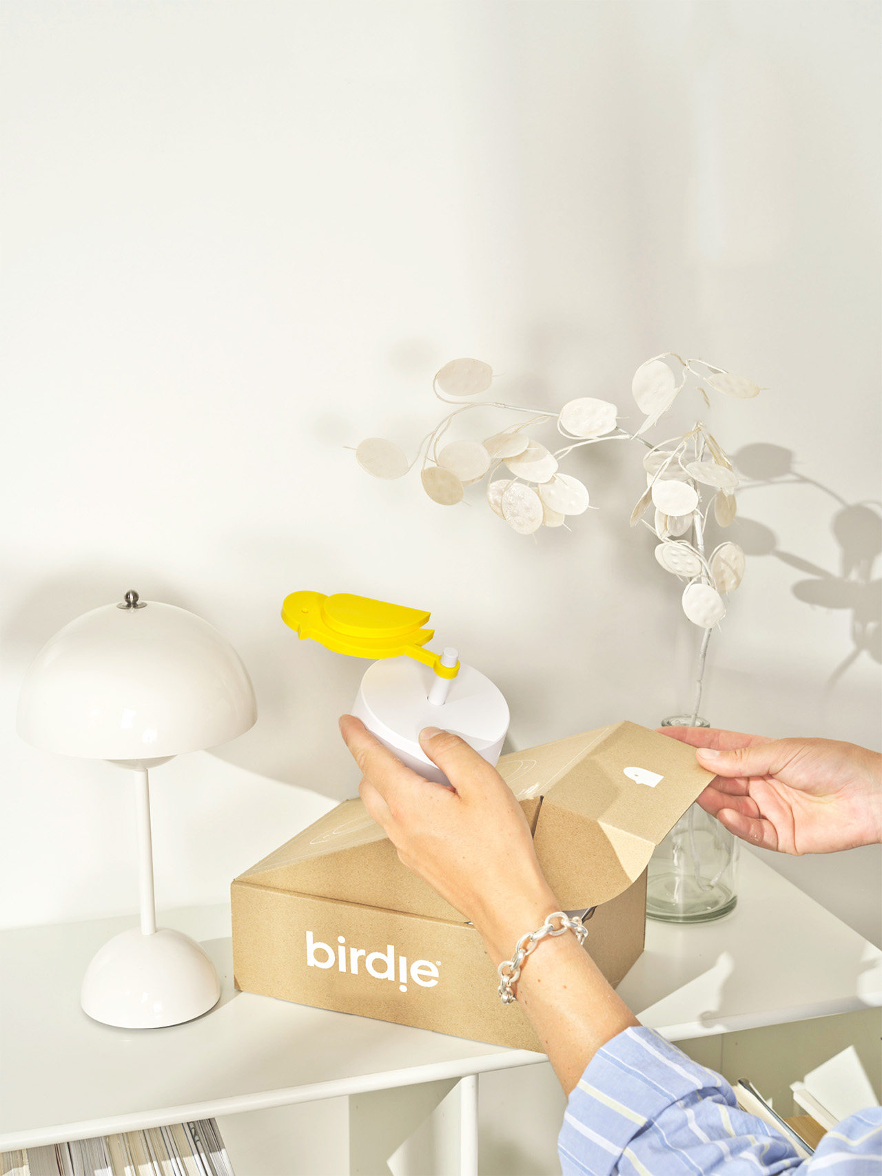 Un hombre saca un objeto amarillo con forma de pájaro Birdie de una caja etiquetada "pajarito" Sobre una estantería blanca hay una lámpara y una planta decorativa.
