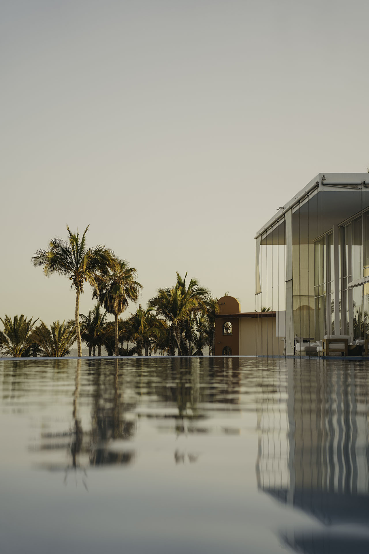 Infinity pool with calm water reflecting nearby palm trees and a modern glass building at sunset.