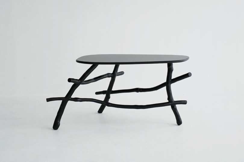 A modern black coffee table with a smooth, oval top and irregular, branch-like legs set against a plain white background.