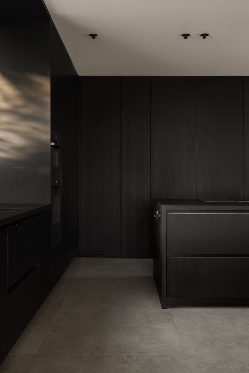 Minimalist kitchen with matte black cabinets, built-in appliances, and an island, set against a light grey floor and white ceiling.