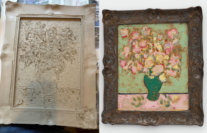 Side-by-side comparison of a textured, unpainted relief of a flower vase and a finished, framed painting of a similar flower vase with colored flowers.