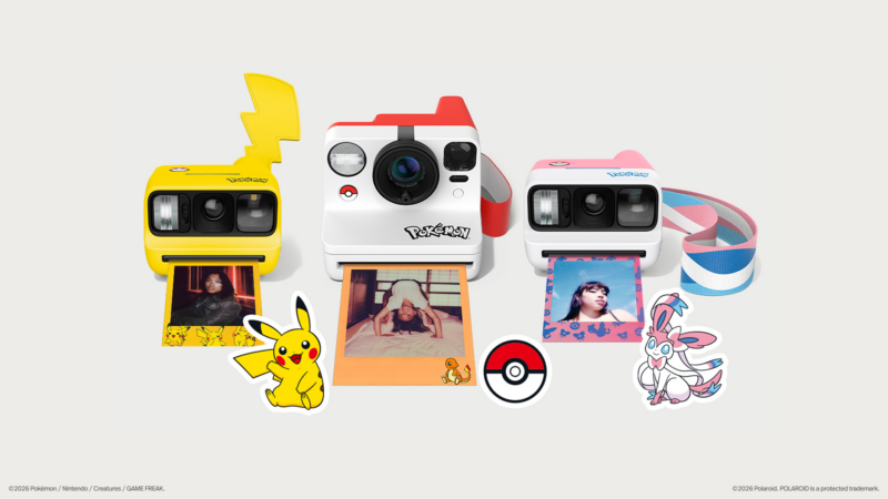 Three Polaroid x Pokémon-themed instant cameras with photos coming out; the left is yellow Pikachu, the center is white Poké Ball, and the right is pink Sylveon, with matching stickers beside each camera.
